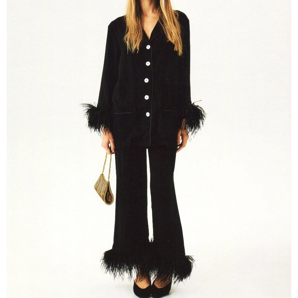 Sleeper Party Pajama Set Black Ostrich Feather Trim Viscose XL Loungewear